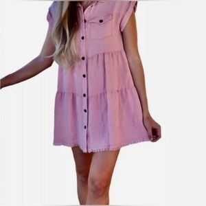 Umgee Pink Button-Up Tiered Dress